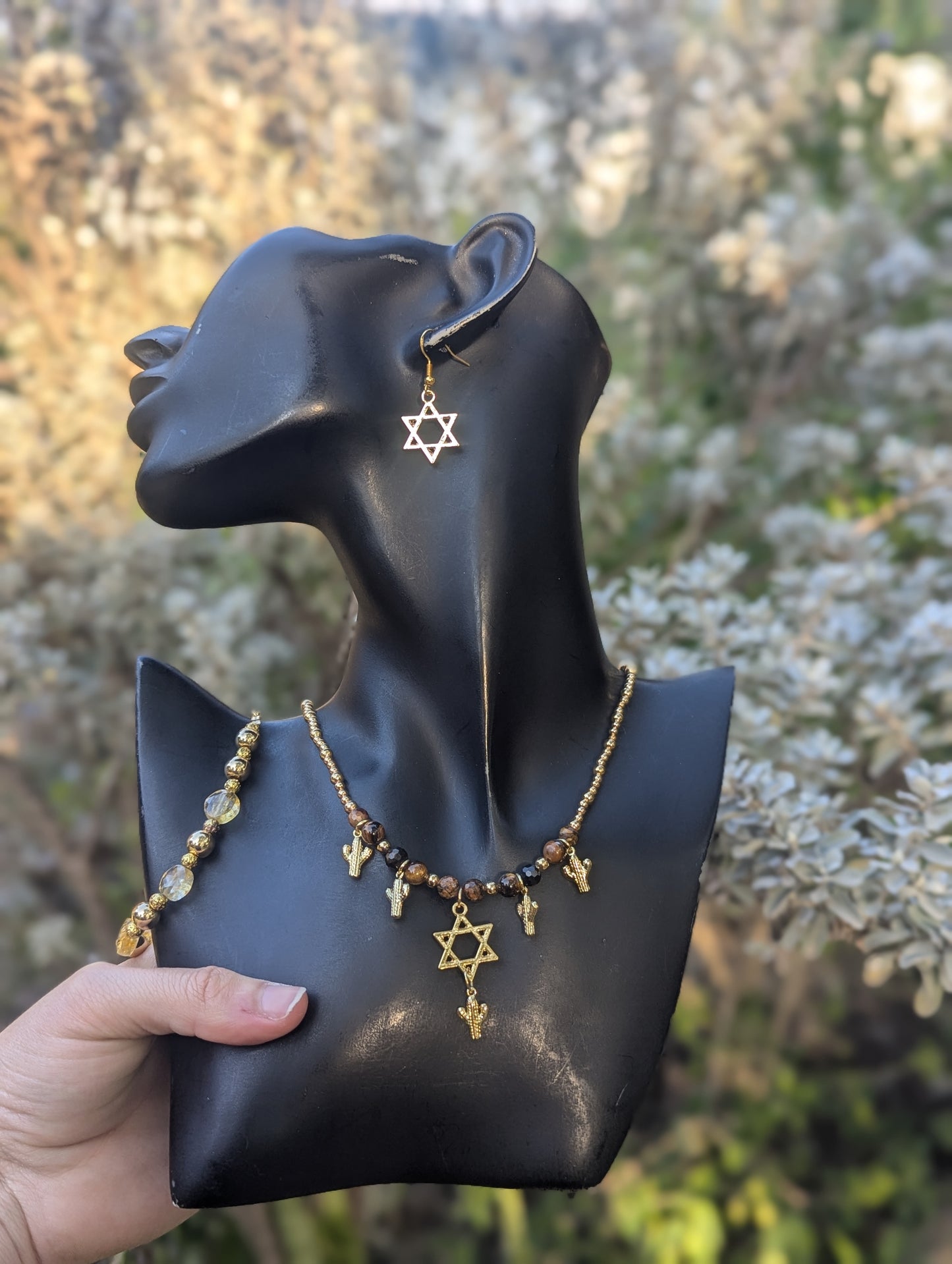 Gold Sabra Magen David Set with Tiger's Eye, Citrine & Jasper