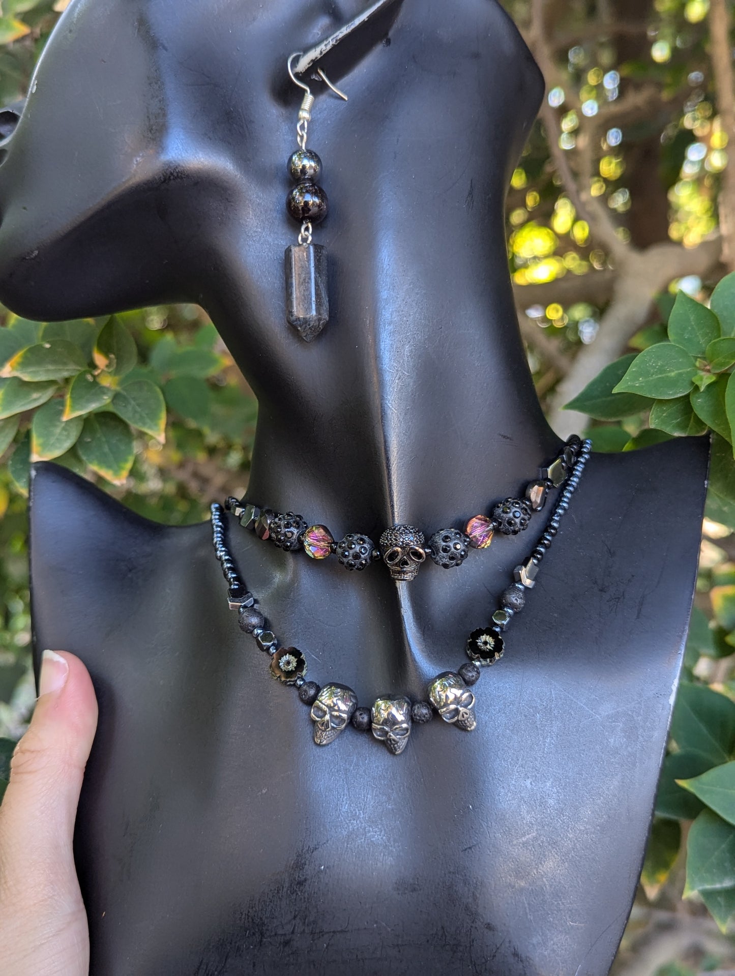 Gothic Skulls, Garnet & Czech Crystal Glass Flowers Layered Set