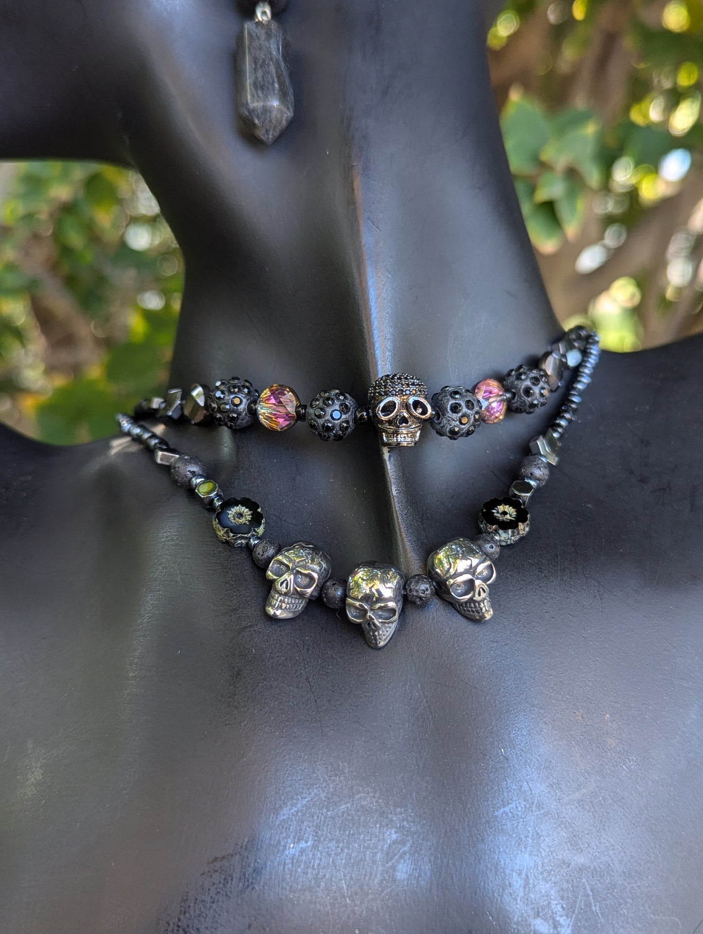 Gothic Skulls, Garnet & Czech Crystal Glass Flowers Layered Set