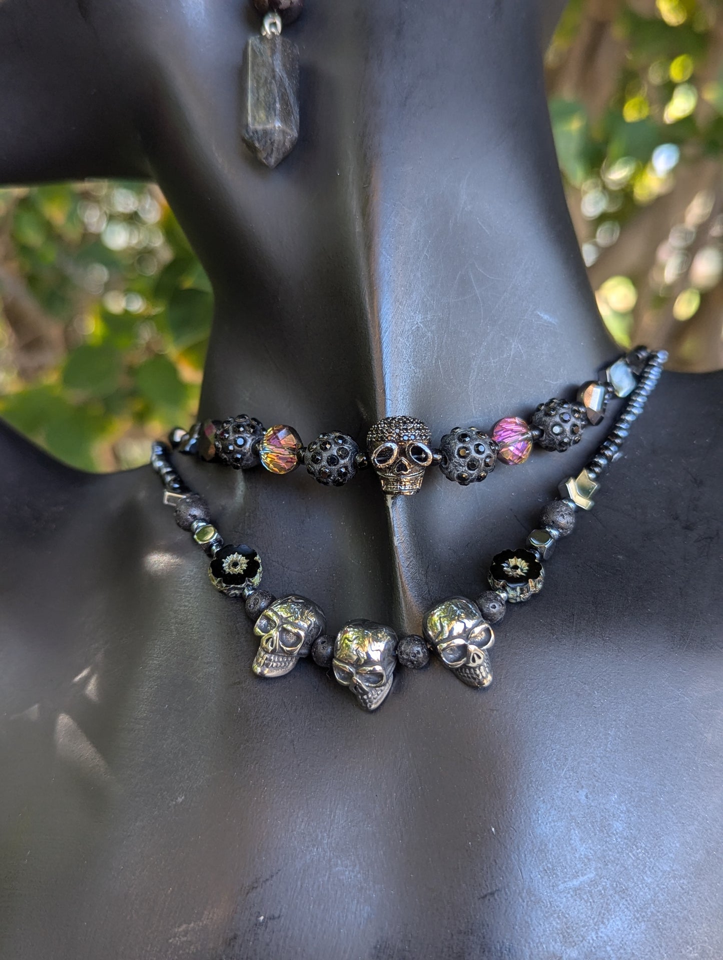 Gothic Skulls, Garnet & Czech Crystal Glass Flowers Layered Set