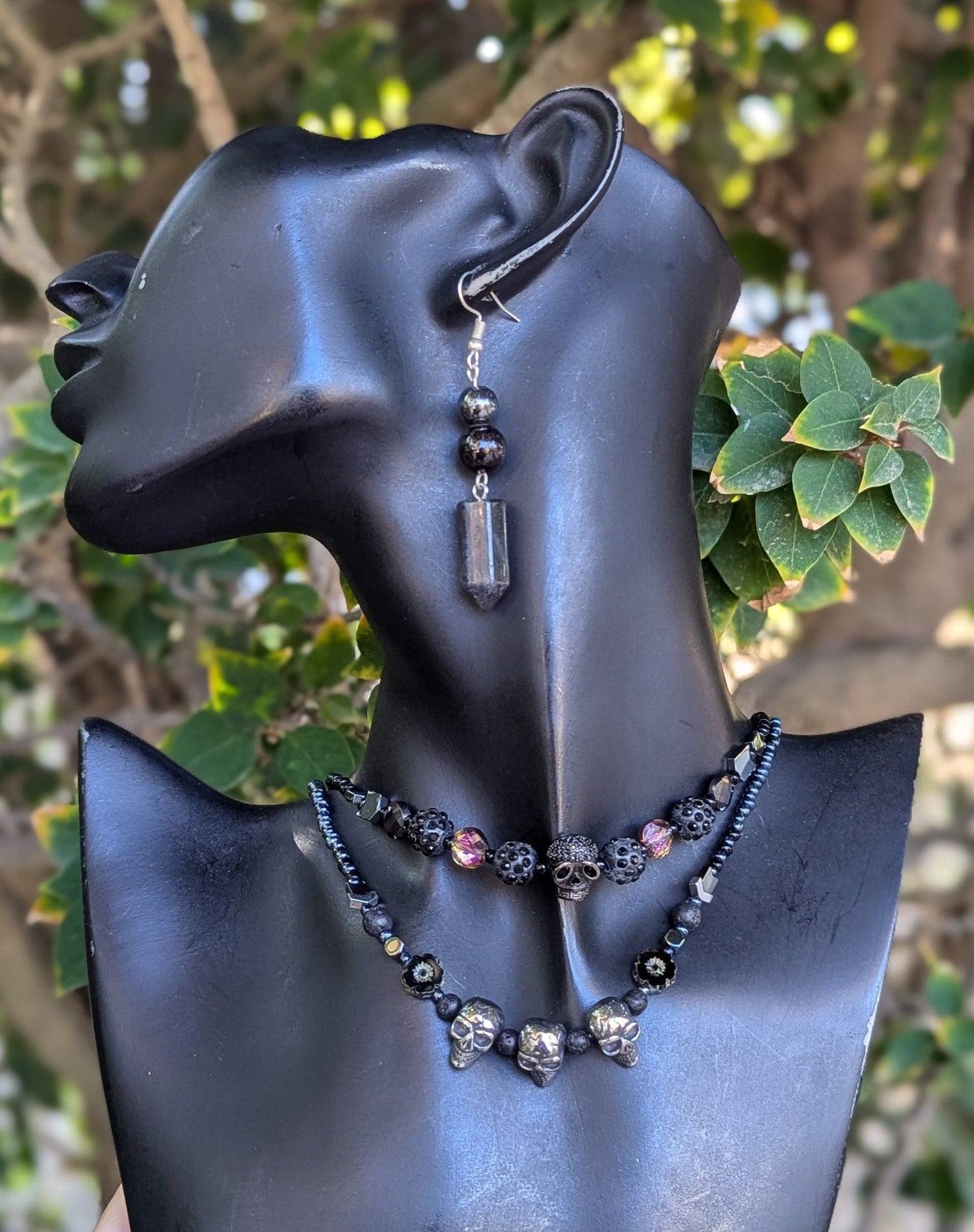 Gothic Skulls, Garnet & Czech Crystal Glass Flowers Layered Set