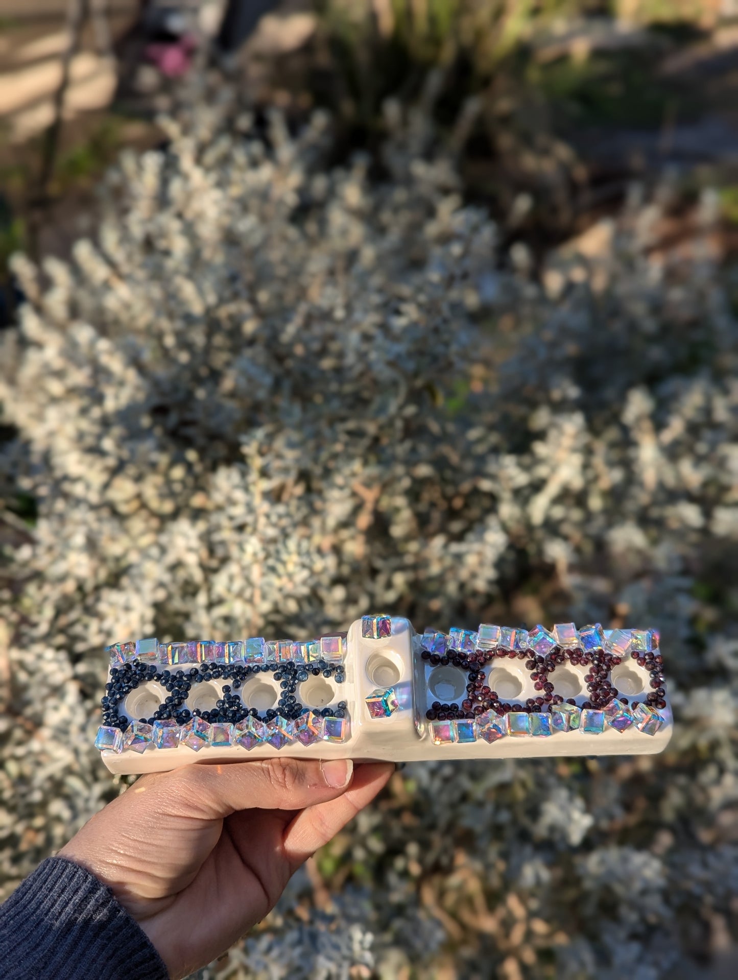 Handmade Menorah with Swarovski, Sapphire and Garnet Gemstones