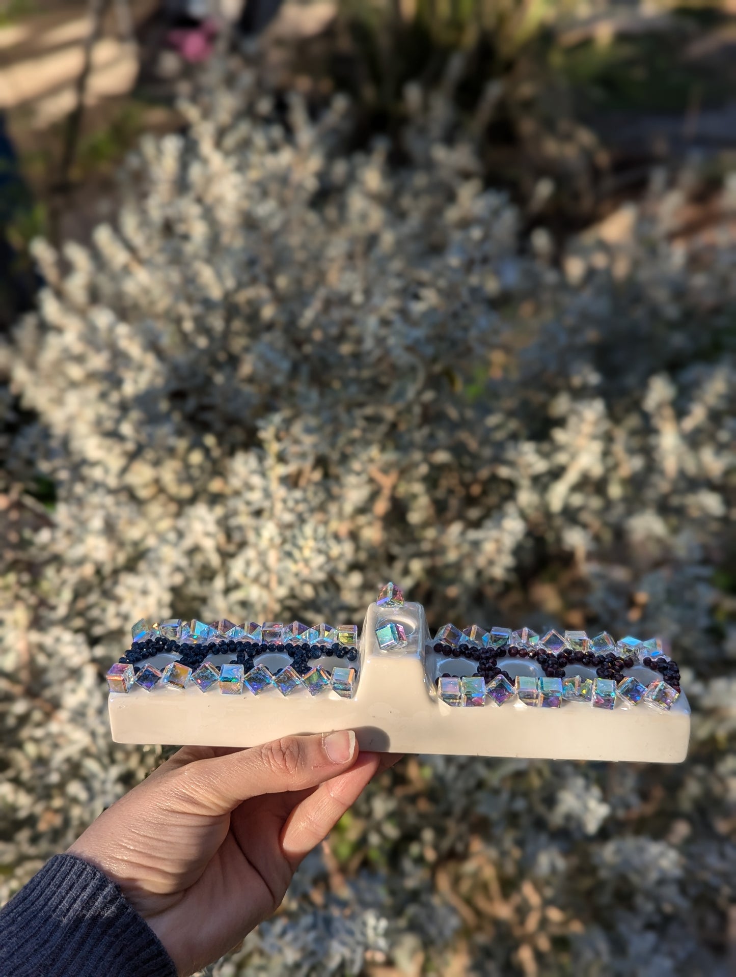 Handmade Menorah with Swarovski, Sapphire and Garnet Gemstones