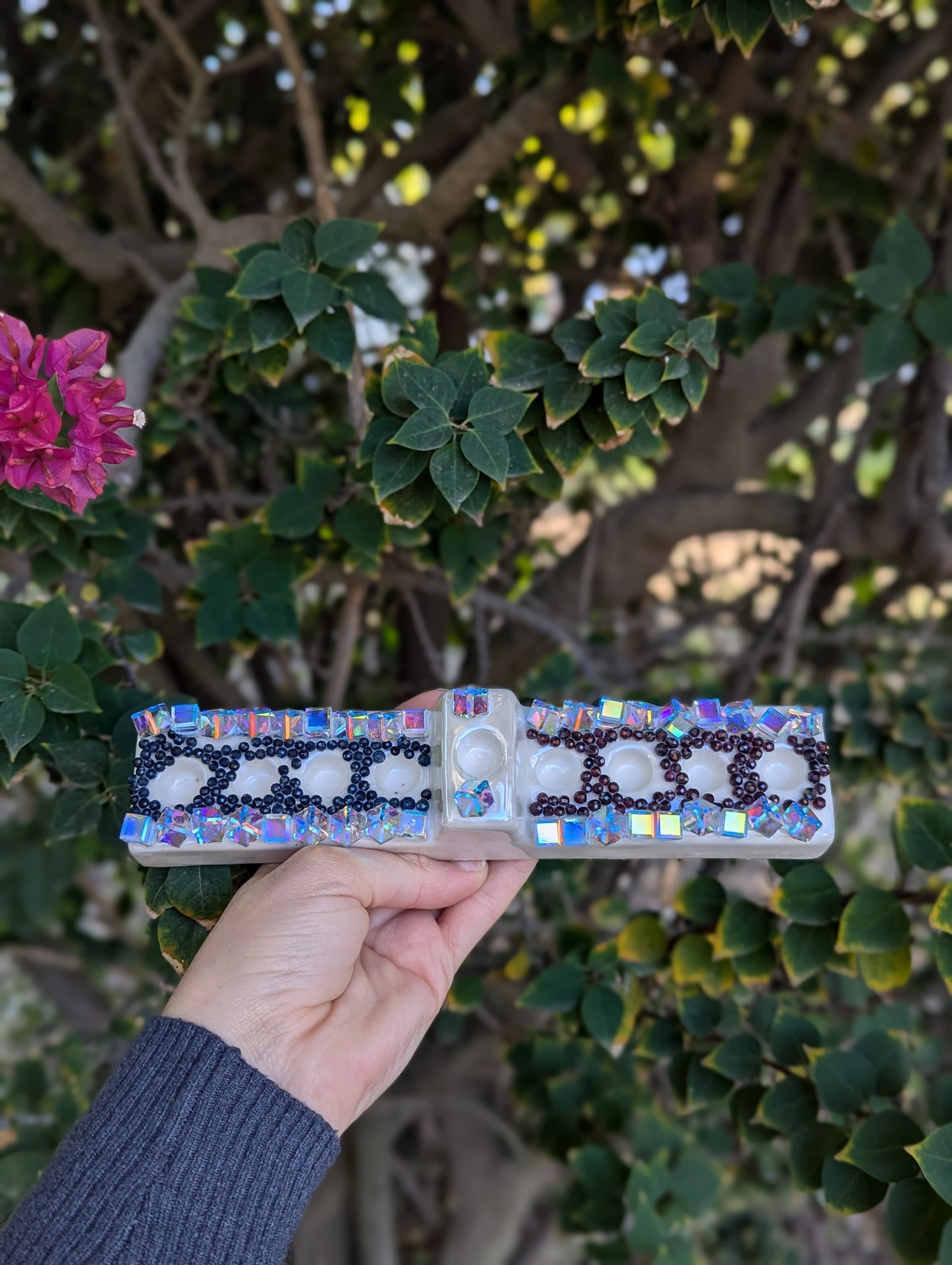 Handmade Menorah with Swarovski, Sapphire and Garnet Gemstones