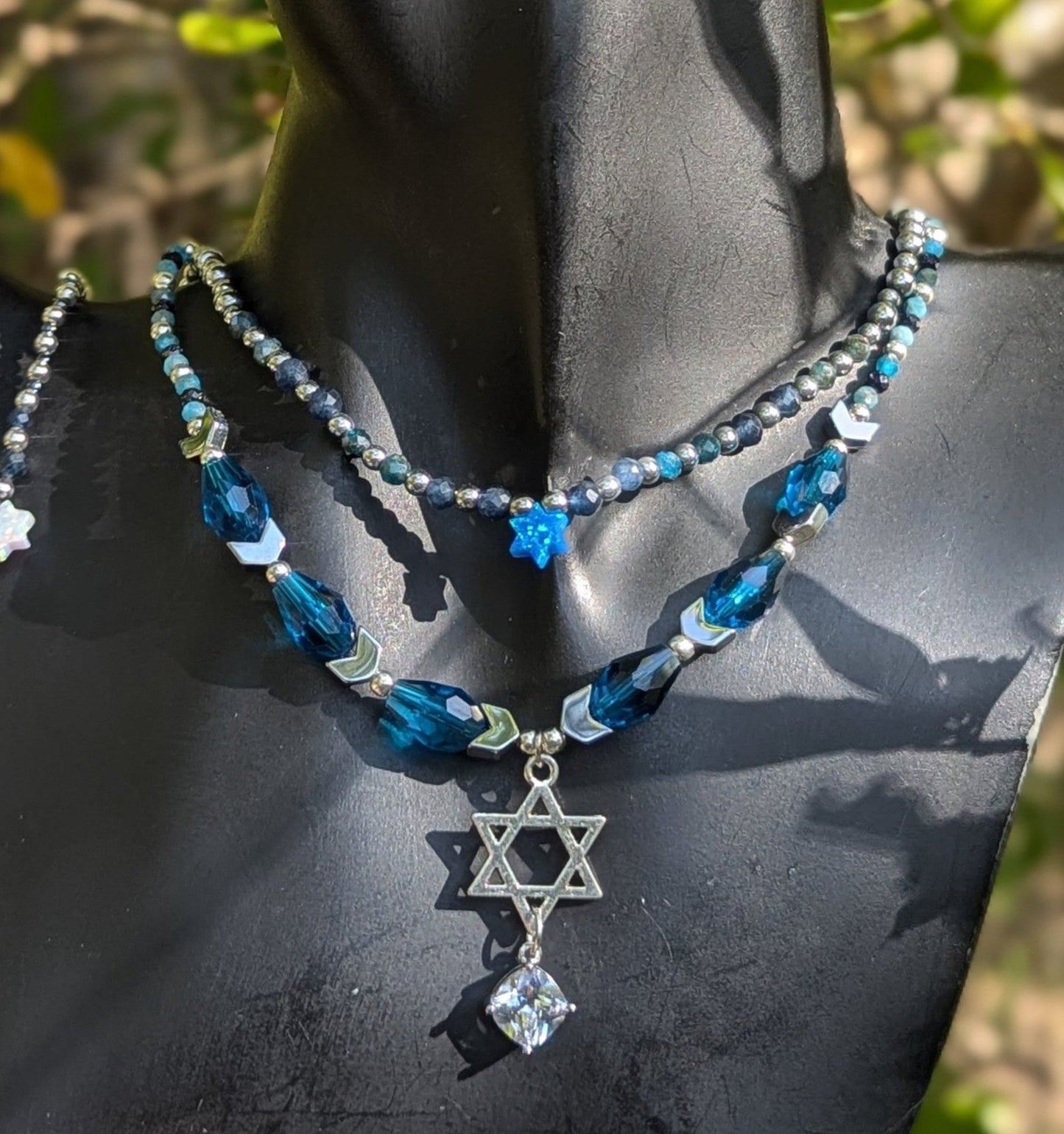 Blue & White Opal, Sapphires, Apatite, Glass and Zirconia Magen David Set