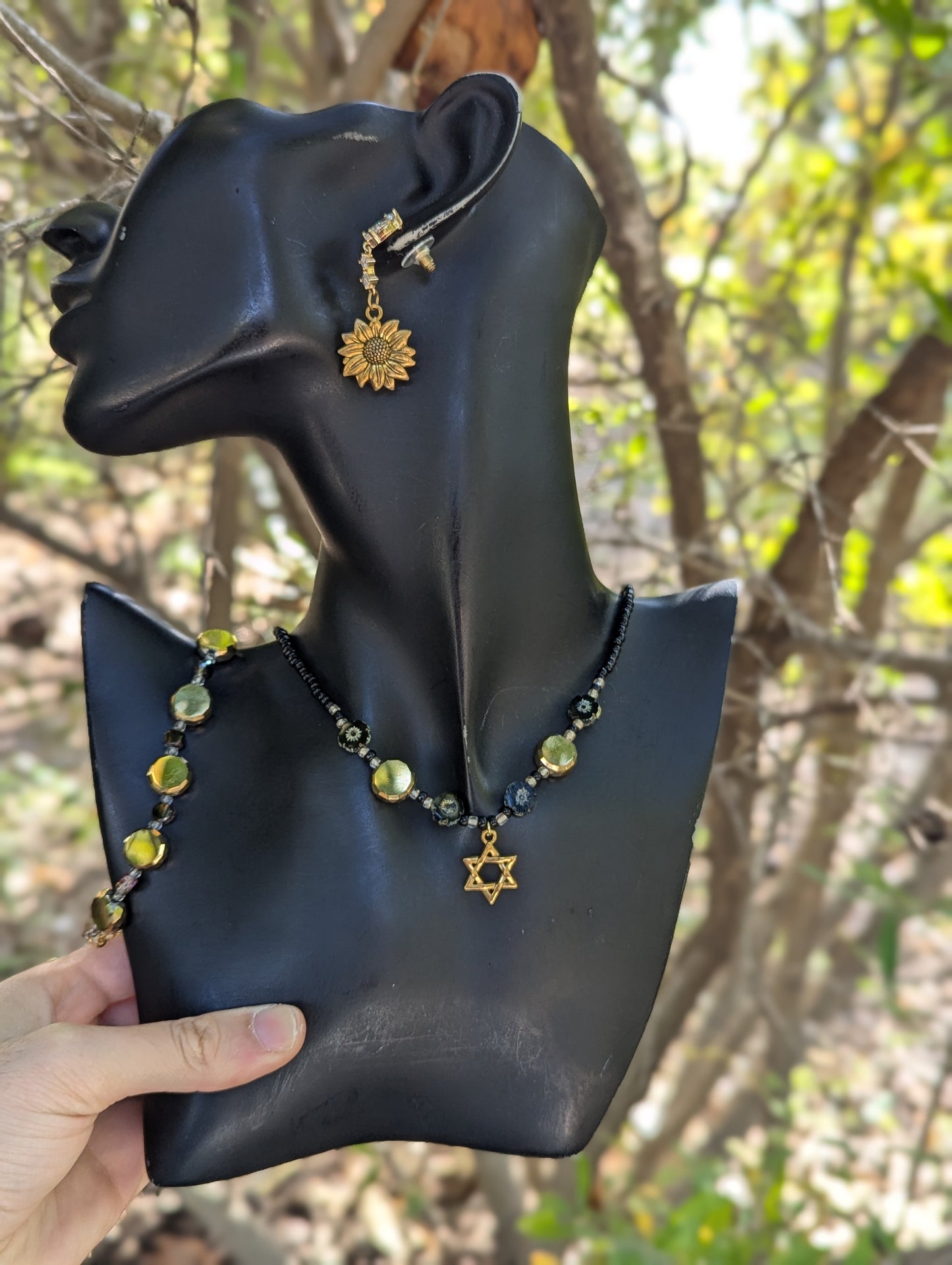 Black Czech Crystal Flowers & Gold Magen David Set