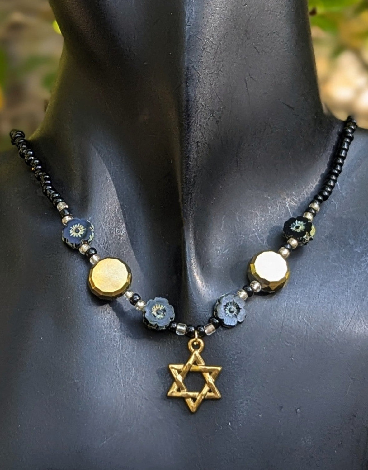 Black Czech Crystal Flowers & Gold Magen David Set