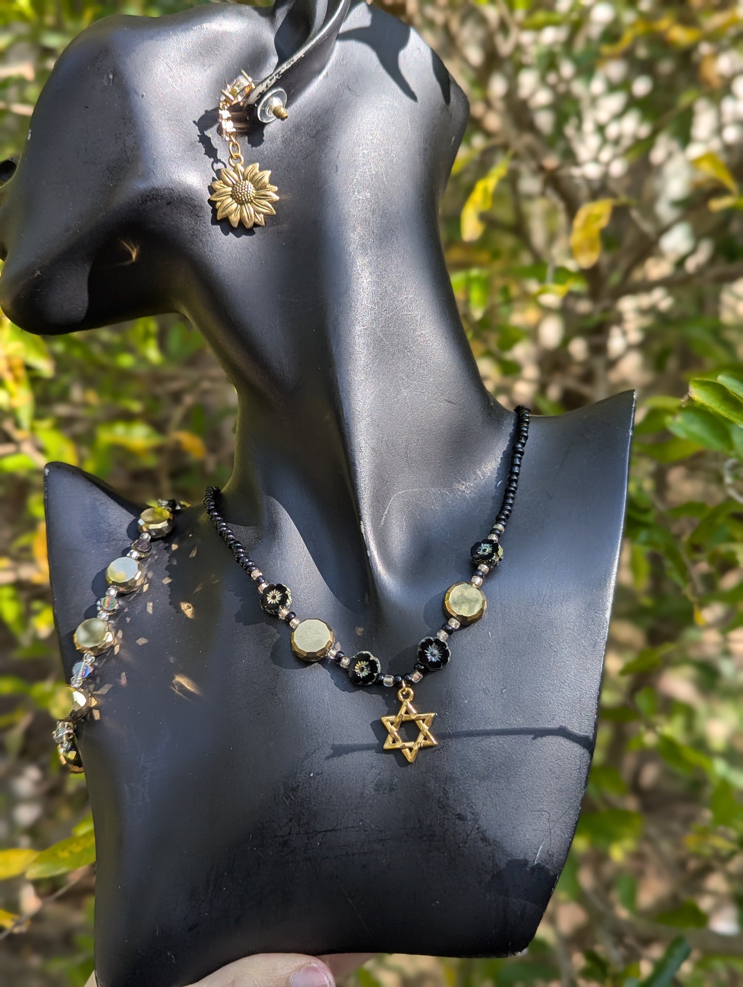 Black Czech Crystal Flowers & Gold Magen David Set