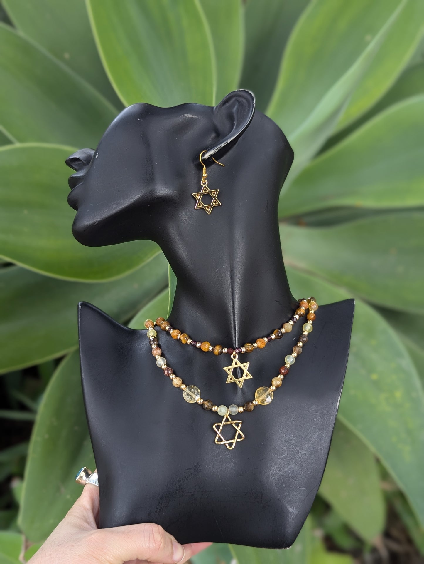 Jasper, Citrine and Tiger's Eye Beaded Gold plated Magen David Layered Set