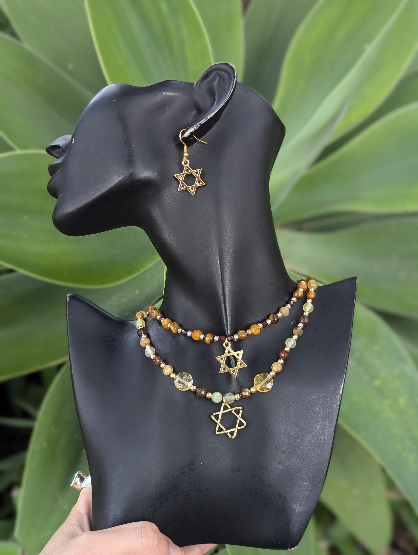 Jasper, Citrine and Tiger's Eye Beaded Gold plated Magen David Layered Set