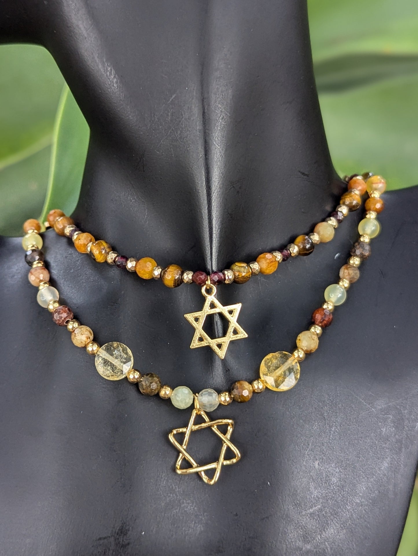 Jasper, Citrine and Tiger's Eye Beaded Gold plated Magen David Layered Set