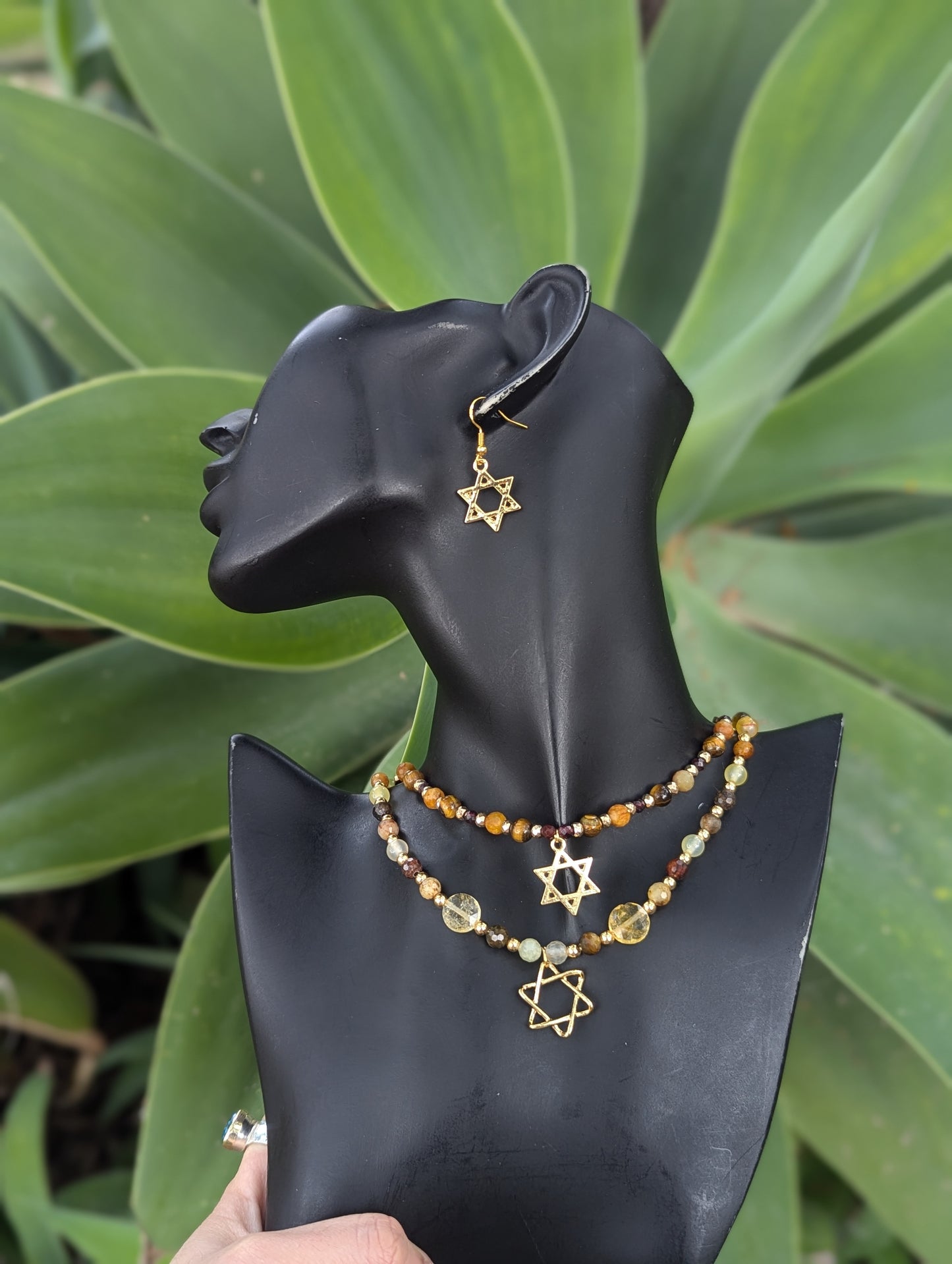 Jasper, Citrine and Tiger's Eye Beaded Gold plated Magen David Layered Set