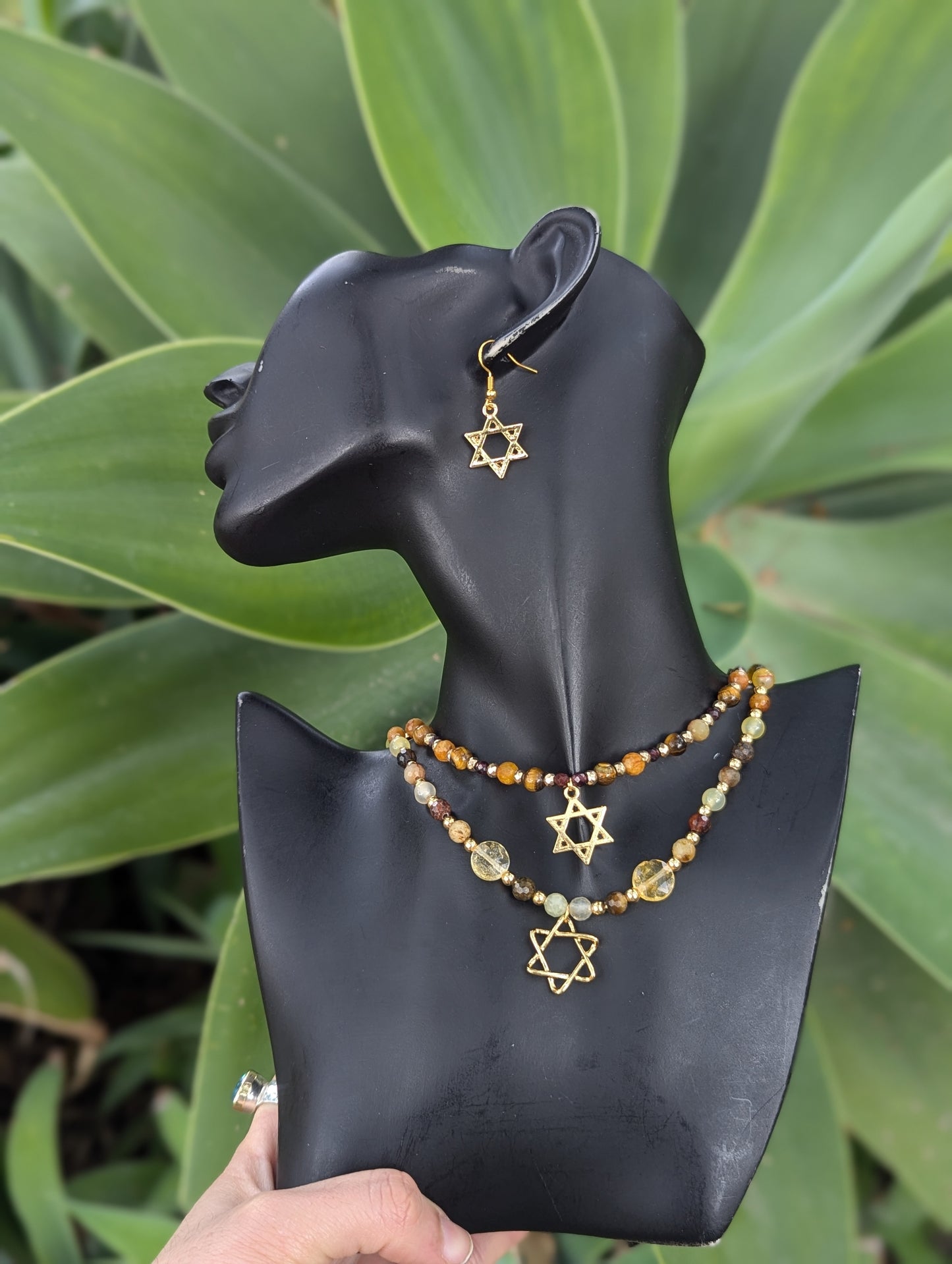 Jasper, Citrine and Tiger's Eye Beaded Gold plated Magen David Layered Set