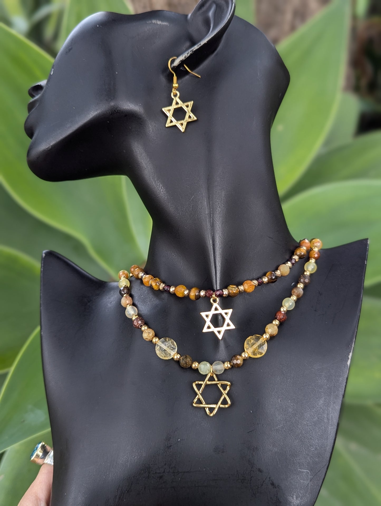 Jasper, Citrine and Tiger's Eye Beaded Gold plated Magen David Layered Set