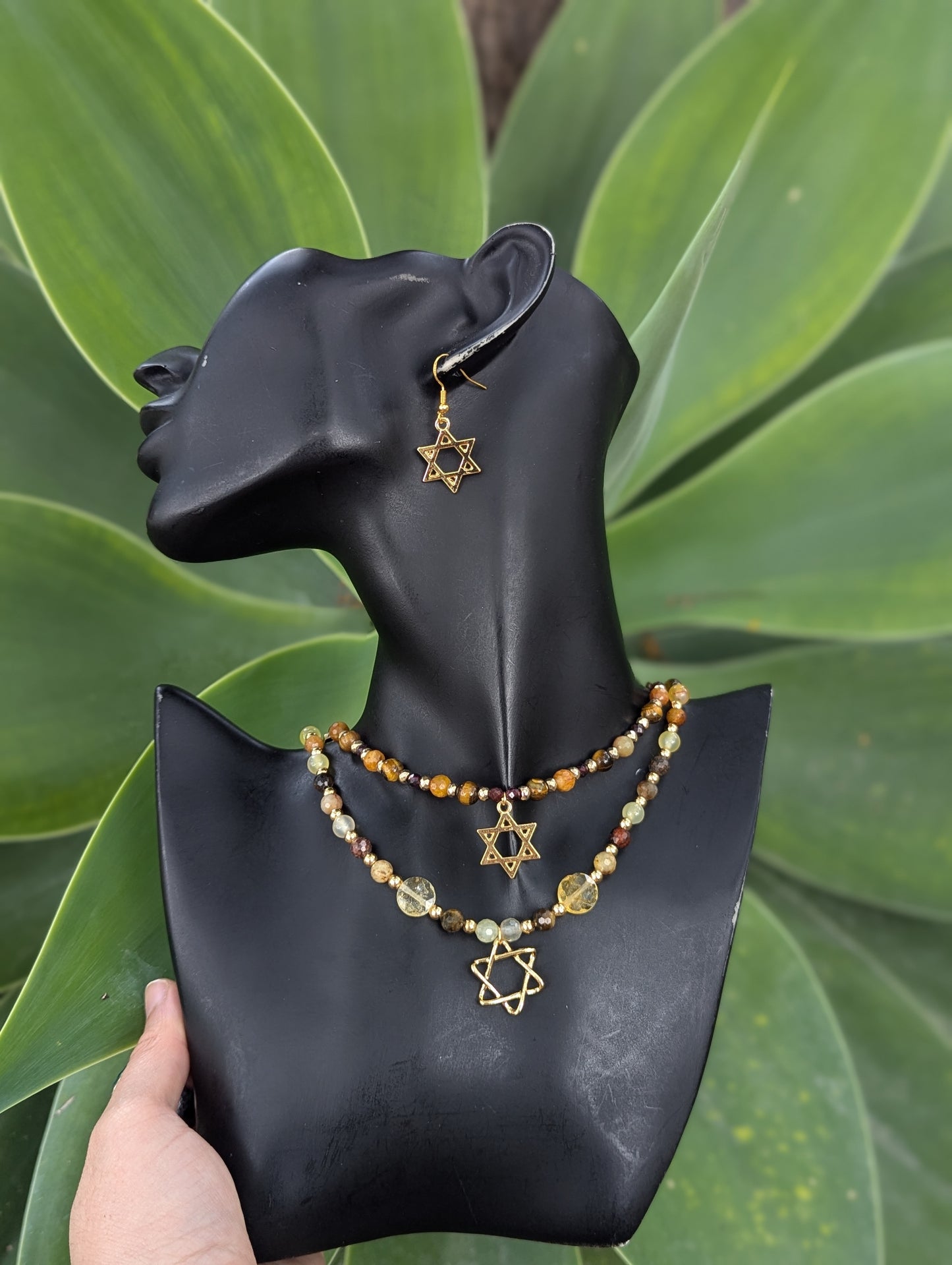 Jasper, Citrine and Tiger's Eye Beaded Gold plated Magen David Layered Set