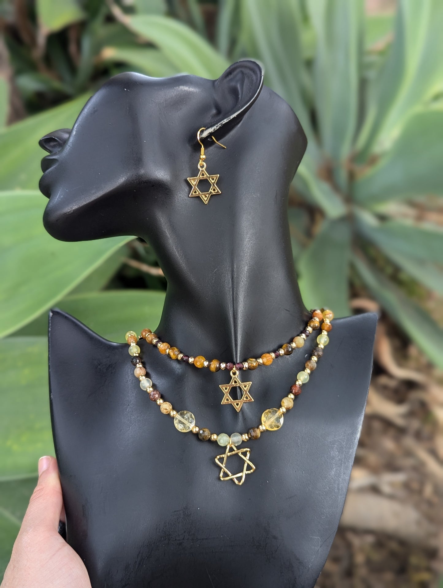 Jasper, Citrine and Tiger's Eye Beaded Gold plated Magen David Layered Set