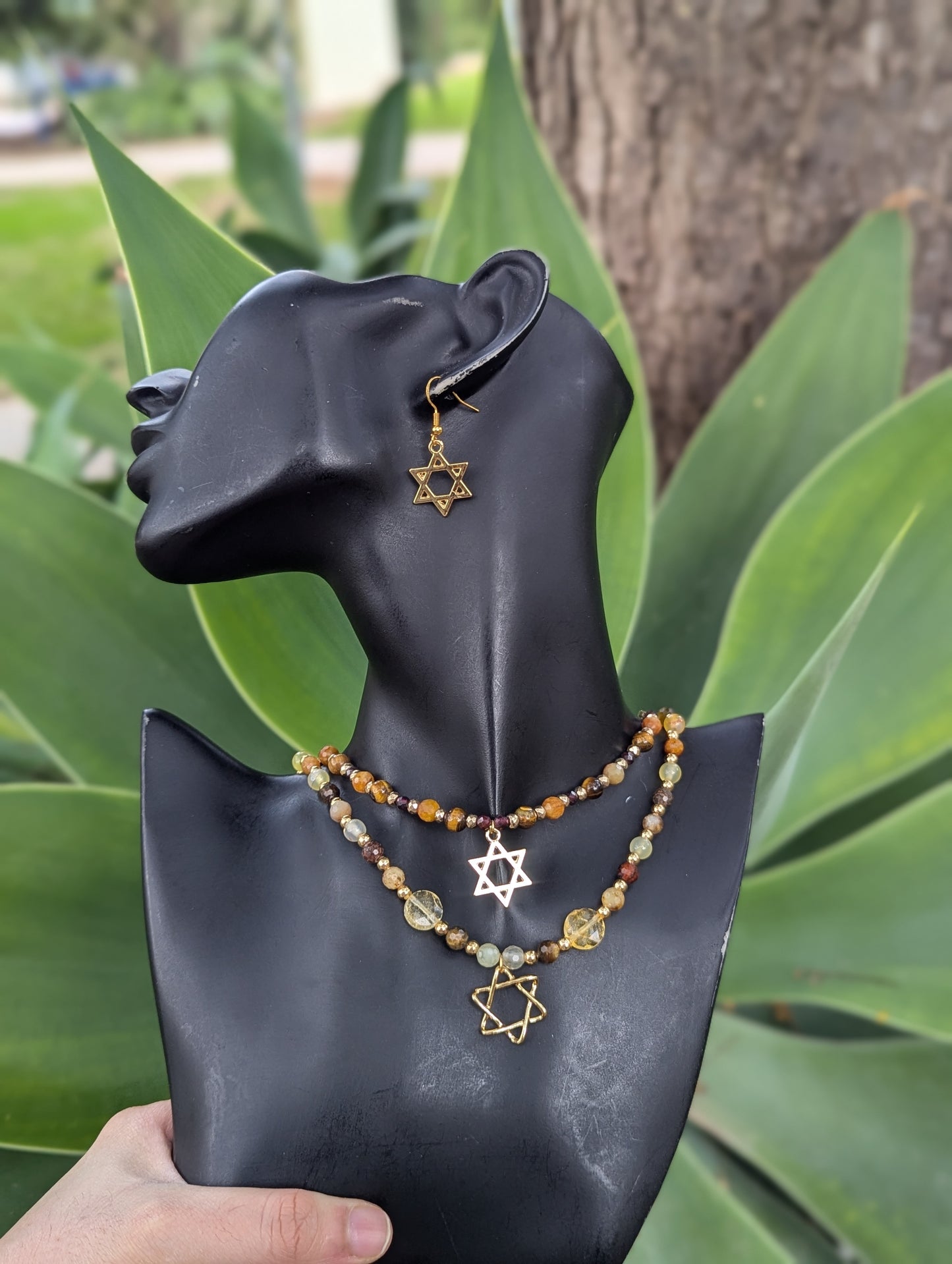 Jasper, Citrine and Tiger's Eye Beaded Gold plated Magen David Layered Set