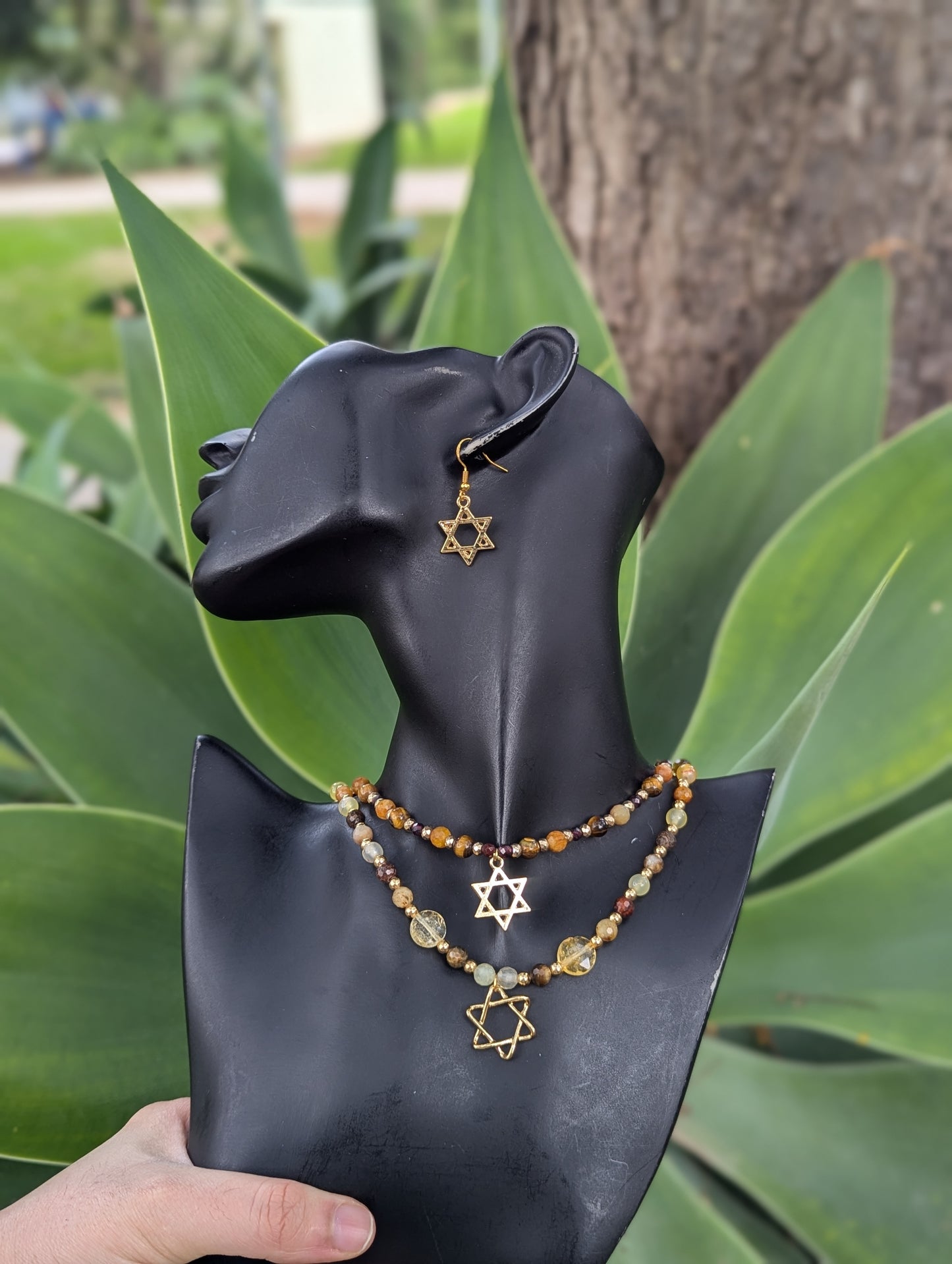 Jasper, Citrine and Tiger's Eye Beaded Gold plated Magen David Layered Set