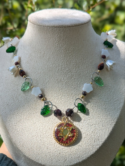 Glass, Resin & Metalwork: Red and White Magen David Fairy Garden with Garnet Gemstones