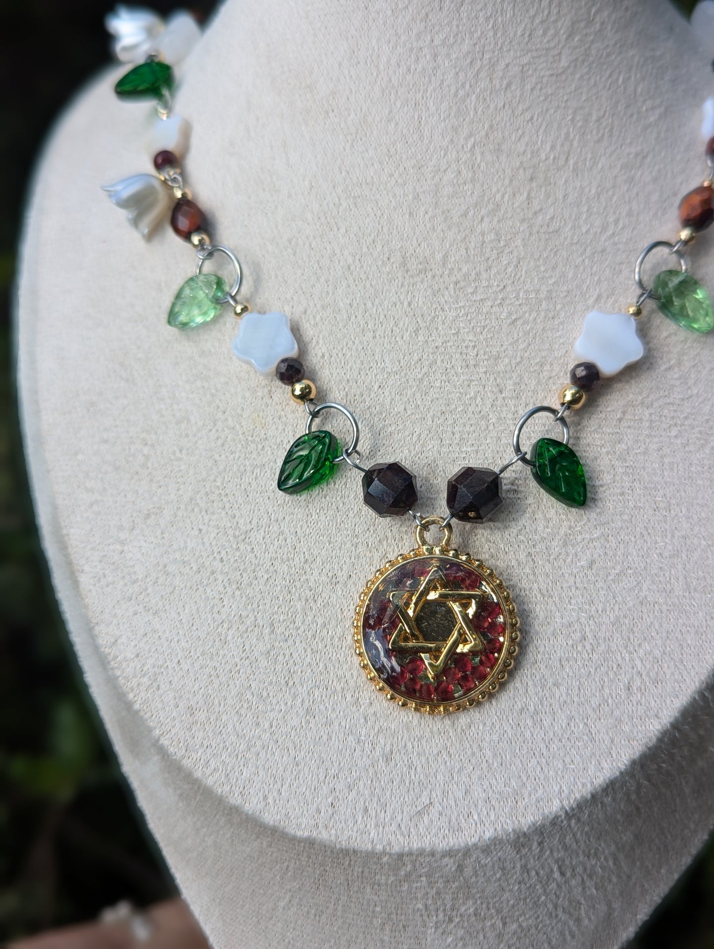 Glass, Resin & Metalwork: Red and White Magen David Fairy Garden with Garnet Gemstones