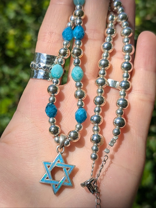 Sterling Silver Opalite Magen David, Amazonite and Apatite Blue Gemstones and Bright Silver Toned Beaded Necklace