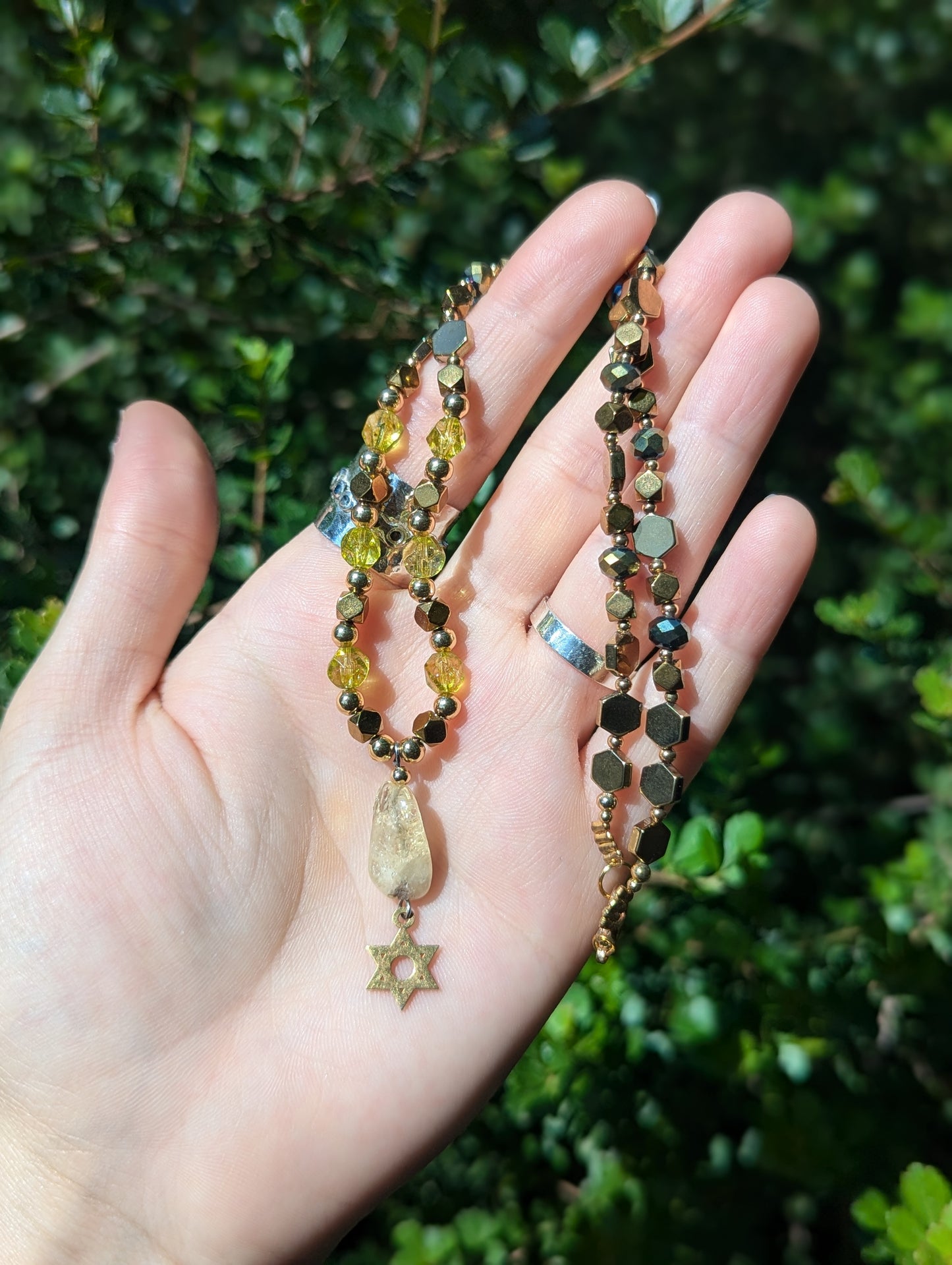 Citrine Gemstone and Gold Plated Magen David, Green Yellow Beads and Golden Geometric Beaded Necklace