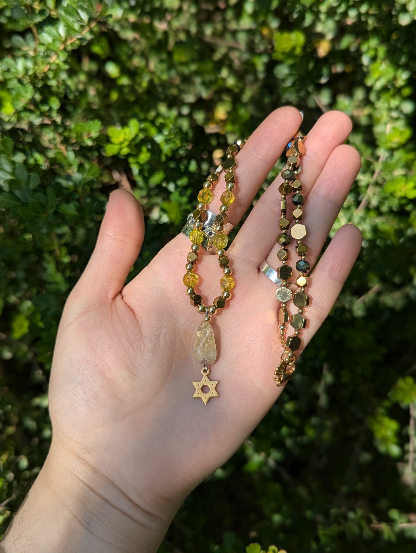 Citrine Gemstone and Gold Plated Magen David, Green Yellow Beads and Golden Geometric Beaded Necklace
