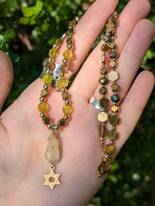 Citrine Gemstone and Gold Plated Magen David, Green Yellow Beads and Golden Geometric Beaded Necklace