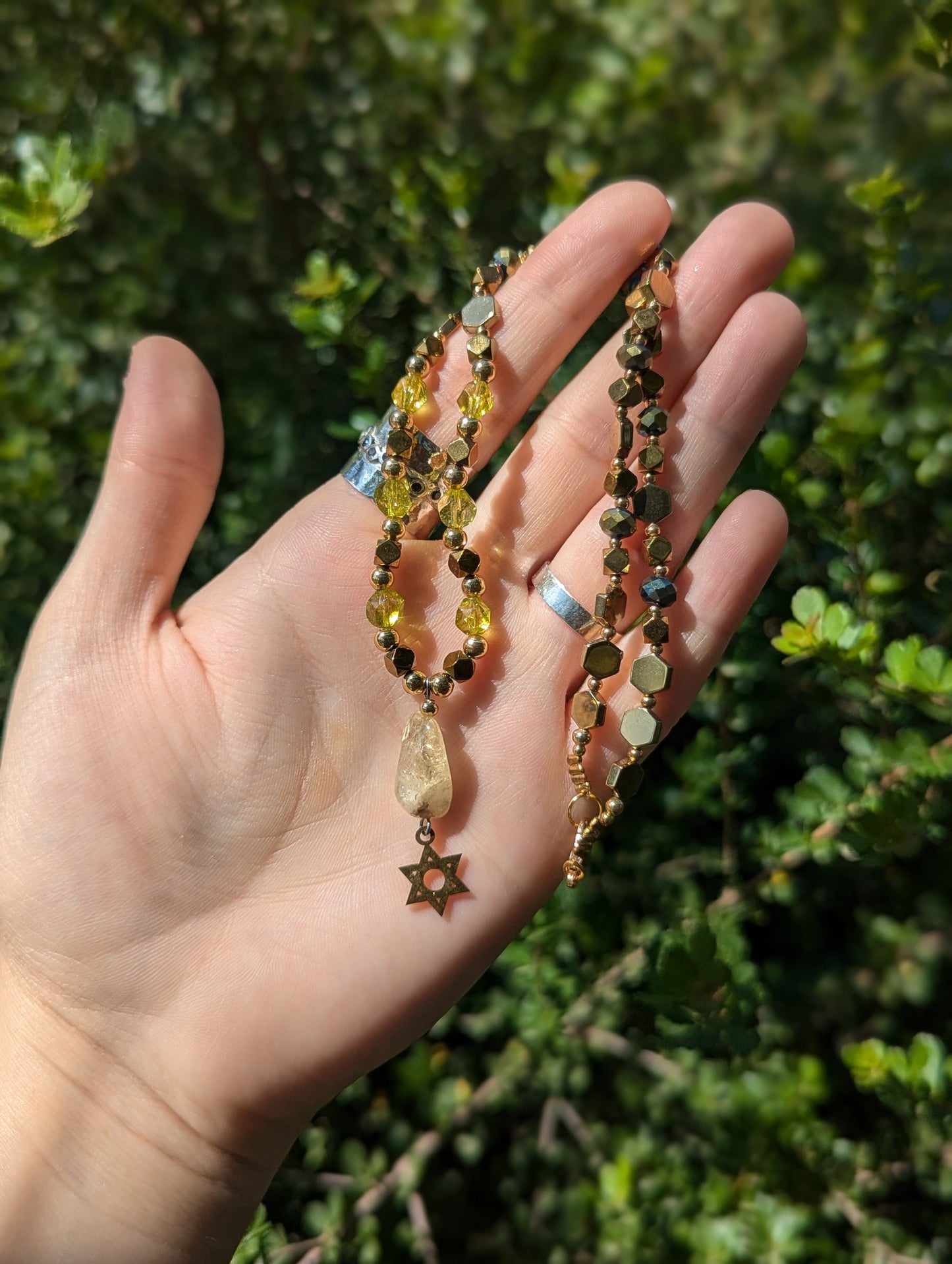 Citrine Gemstone and Gold Plated Magen David, Green Yellow Beads and Golden Geometric Beaded Necklace