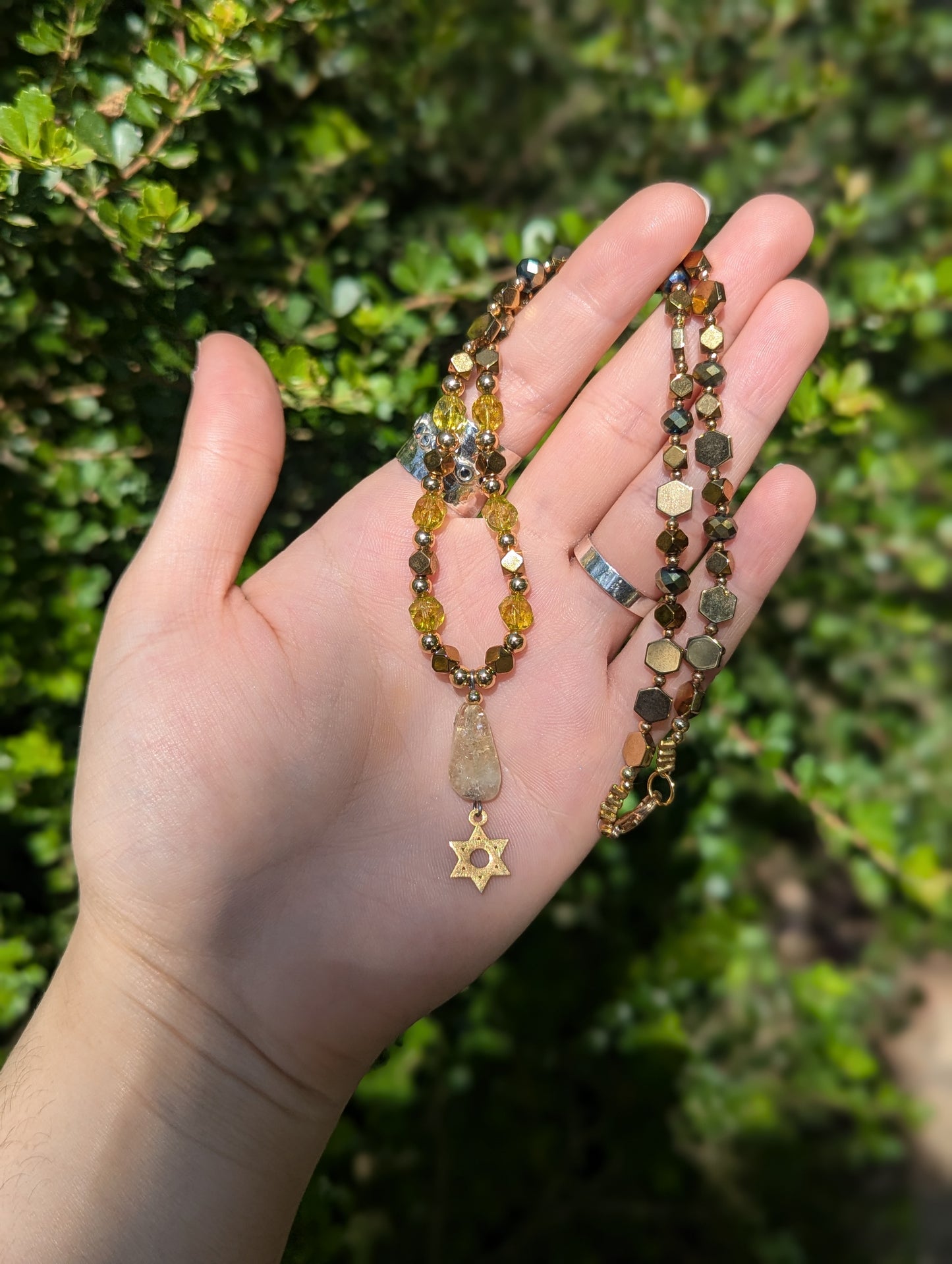 Citrine Gemstone and Gold Plated Magen David, Green Yellow Beads and Golden Geometric Beaded Necklace