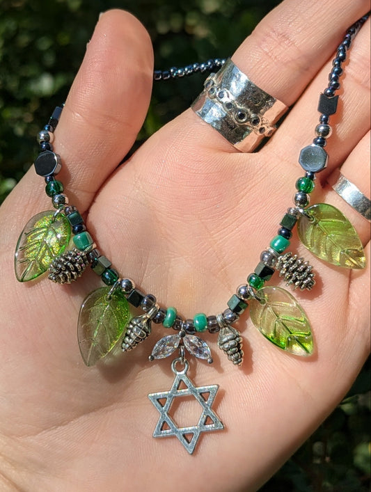 Green Conifer Cones, Green Glass Leaves and Zirconia Leaves Magen David Necklace