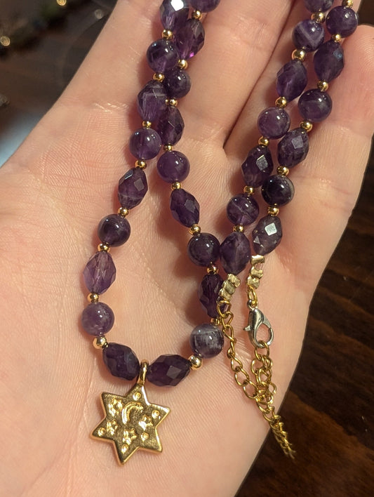 Purple Amethyst Gemstones and Starry Magen David Gold Plated Pendant