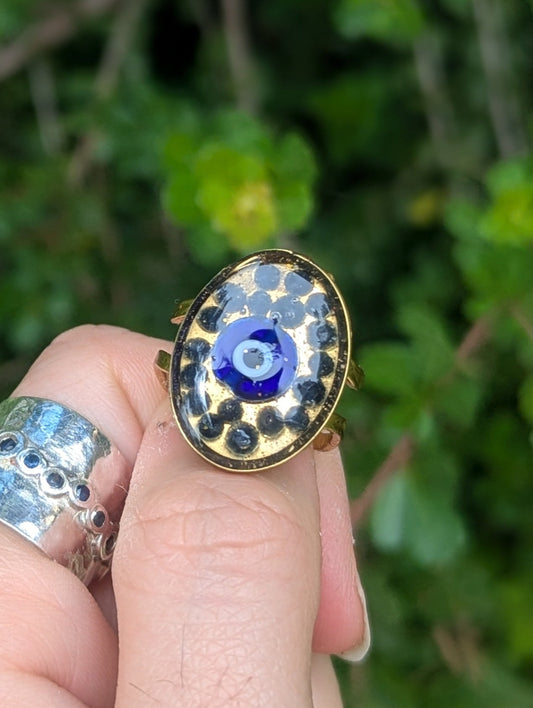 Sapphire Gemstone Beads, Evil Eye Ring, Gold Plated Stainless Steel Adjustable Resin Ring