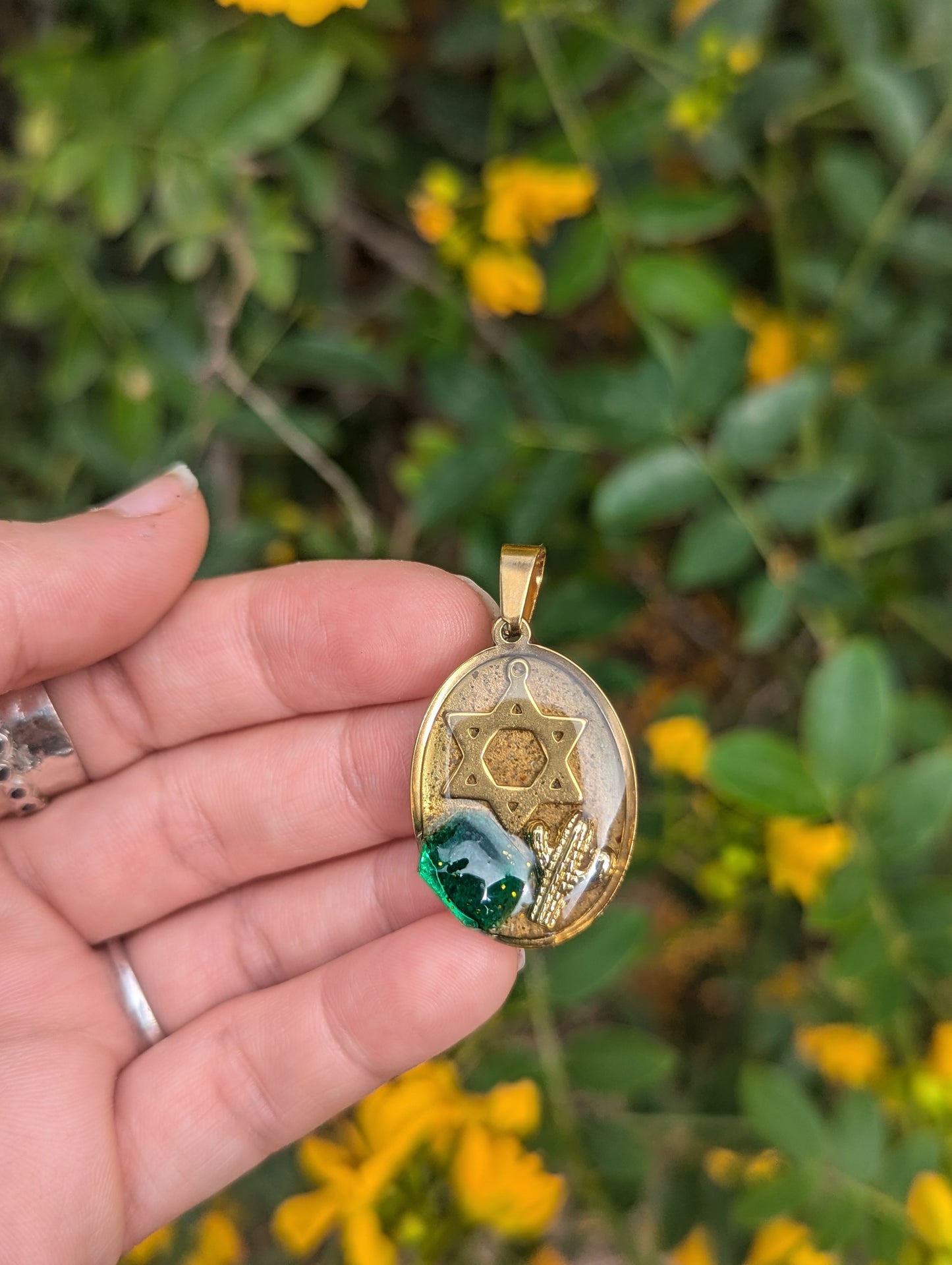 Jewish Sabra Pendant with Gold Plated Cactus and Magen David, Green Glass and Israeli Sand Resin Gold Plated Stainless Steel Pendant