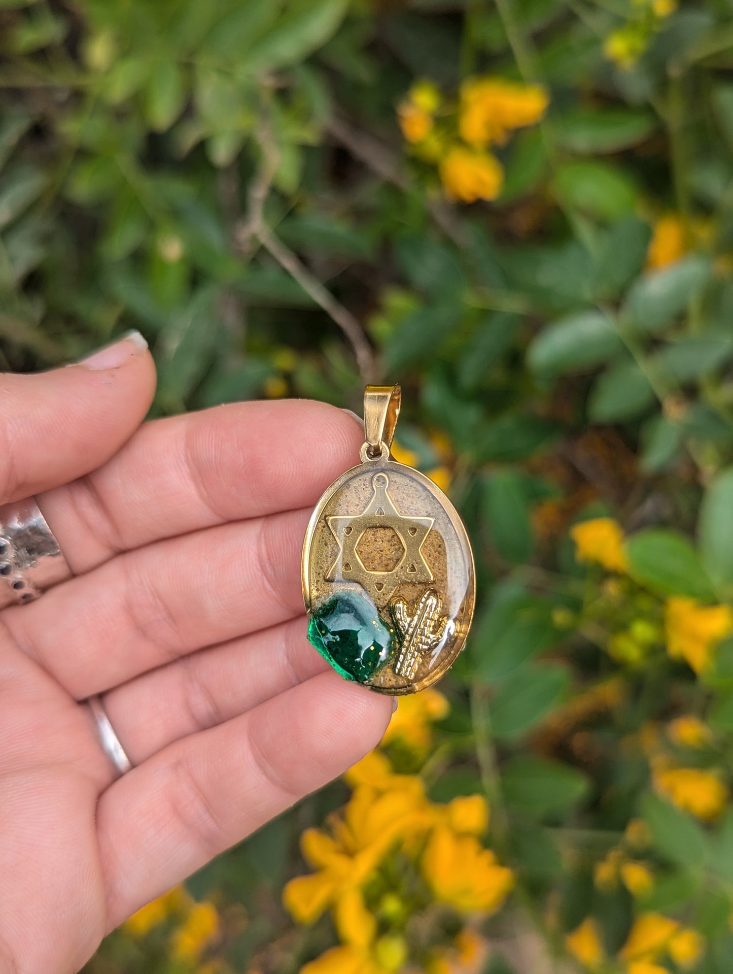 Jewish Sabra Pendant with Gold Plated Cactus and Magen David, Green Glass and Israeli Sand Resin Gold Plated Stainless Steel Pendant