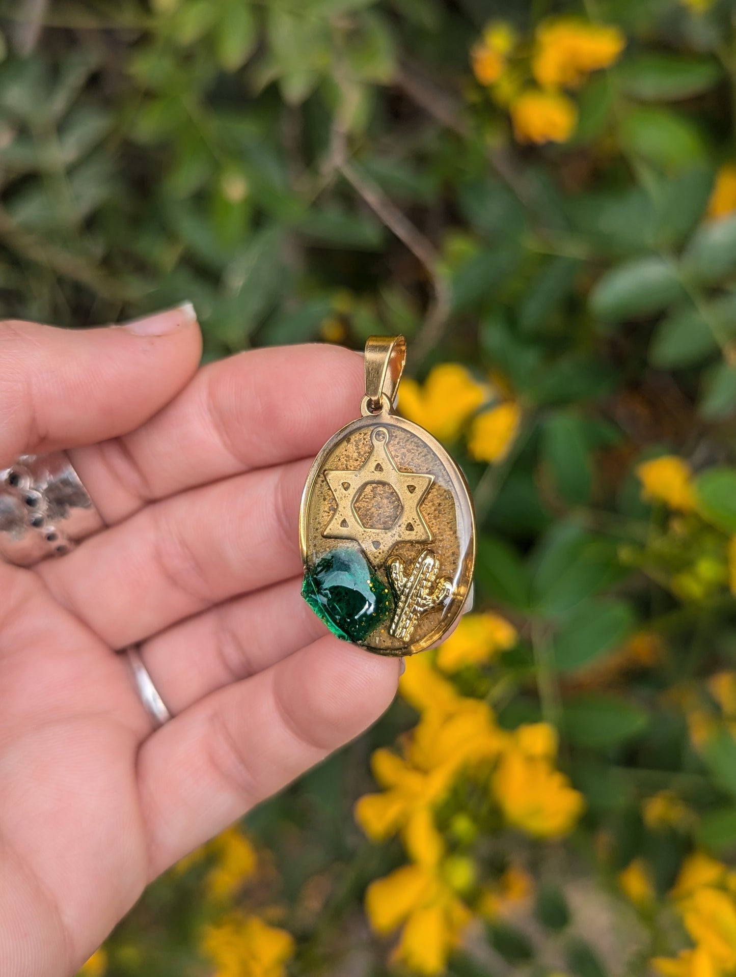 Jewish Sabra Pendant with Gold Plated Cactus and Magen David, Green Glass and Israeli Sand Resin Gold Plated Stainless Steel Pendant
