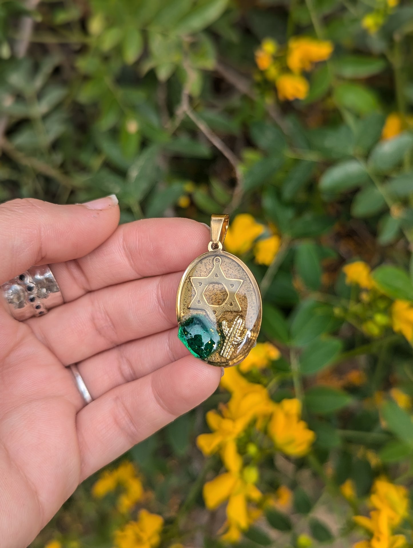 Jewish Sabra Pendant with Gold Plated Cactus and Magen David, Green Glass and Israeli Sand Resin Gold Plated Stainless Steel Pendant