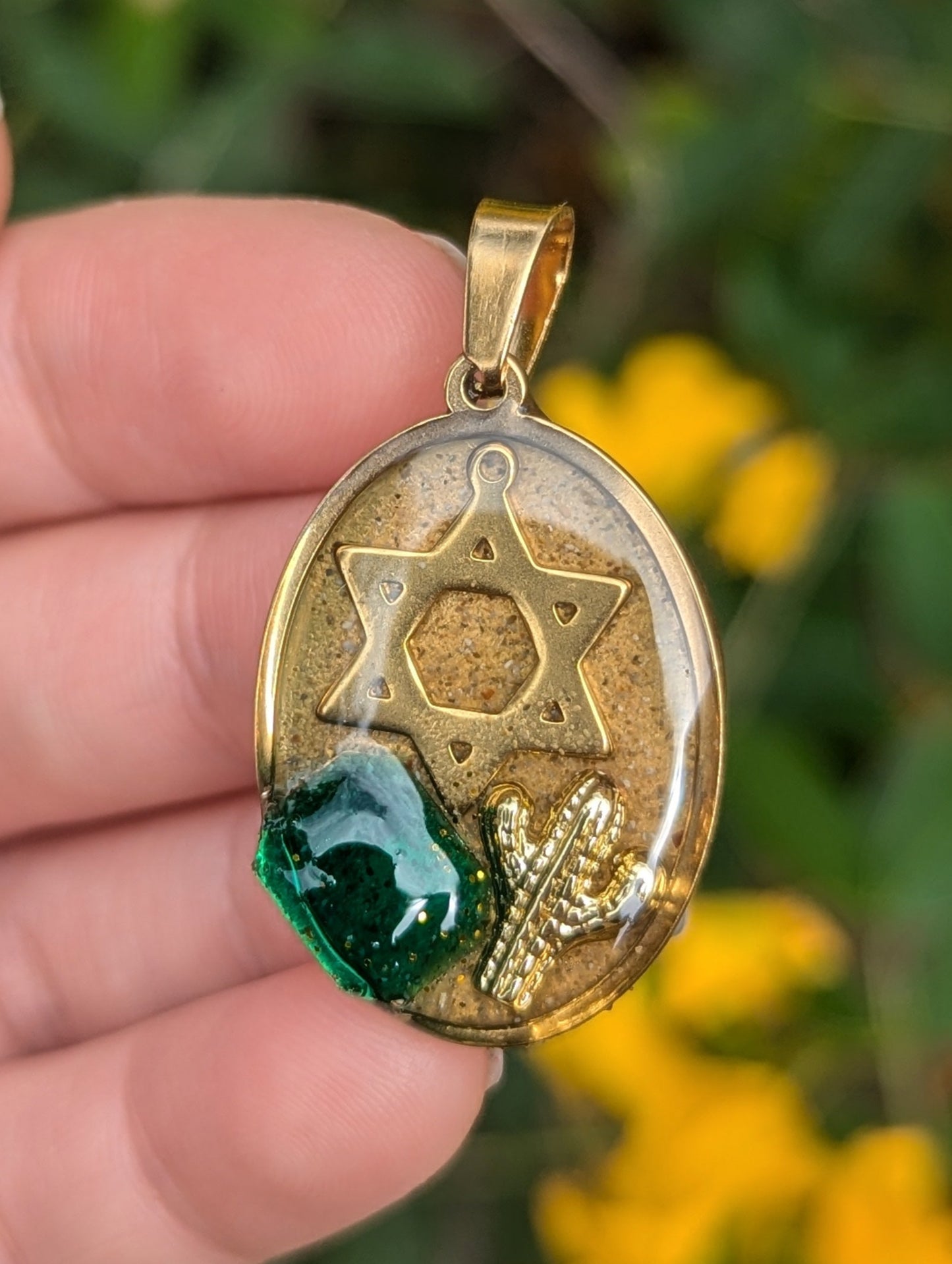 Jewish Sabra Pendant with Gold Plated Cactus and Magen David, Green Glass and Israeli Sand Resin Gold Plated Stainless Steel Pendant