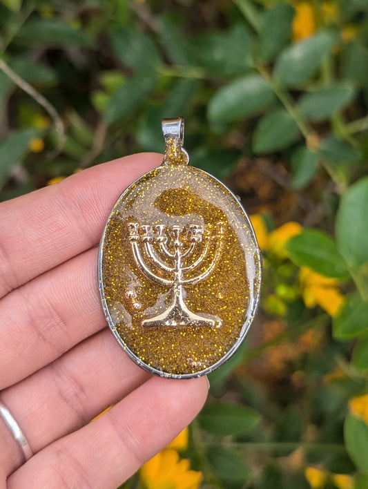 Gold Jerusalem Beit Mikdash Menorah Gold Plated Pendant in Israeli Sand and Gold Glitter Shine Stainless Steel Pendant