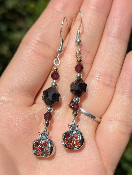 Garnet Gemstones and Red Zirconia Silver Toned Pomegranate Earrings with Sterling Silver Hooks