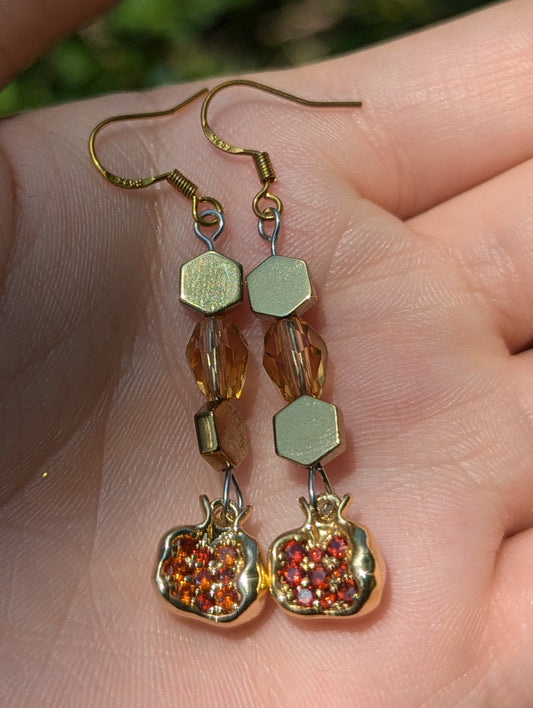Gold Plated Pomegranate Earrings with Sterling Silver Golden Hooks