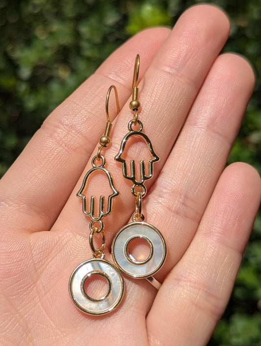 Gold Plated Hamsa and Mother of Shell Loop Sterling Silver Hooks Earrings