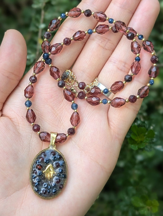 Janet Necklace: Resin Garnet Gemstones and Dark Blue Beads, Glass, Sapphire Beaded Necklace