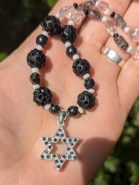 Aria Necklace: Smoky Quartz Crystals Sterling Silver Zirconia Magen David Necklace