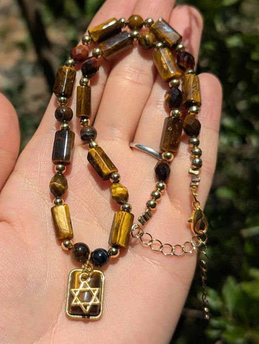 Adama Necklace: Brown Red Tiger's Eye Gemstones and Gold Plated Beads and Magen David