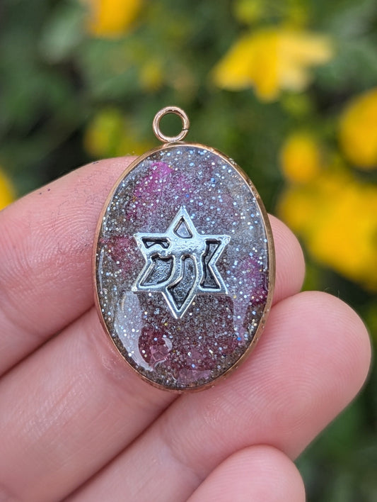 Ruth: Silver Pink Pendant with Israeli Flowers, Silver Glitter and Magen David Chai