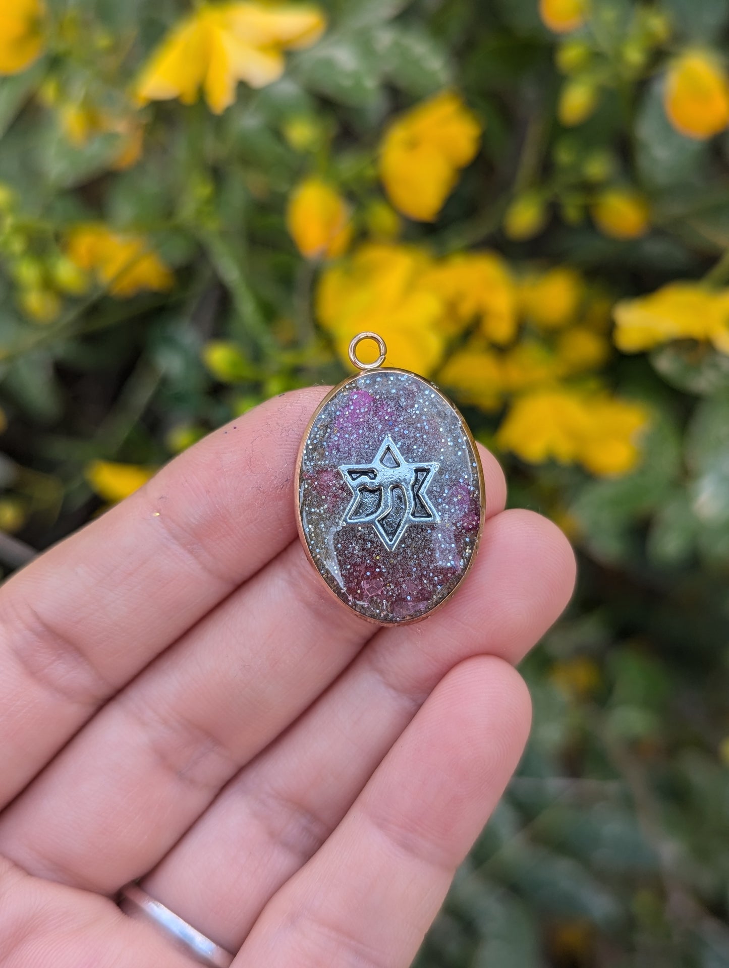 Ruth: Silver Pink Pendant with Israeli Flowers, Silver Glitter and Magen David Chai