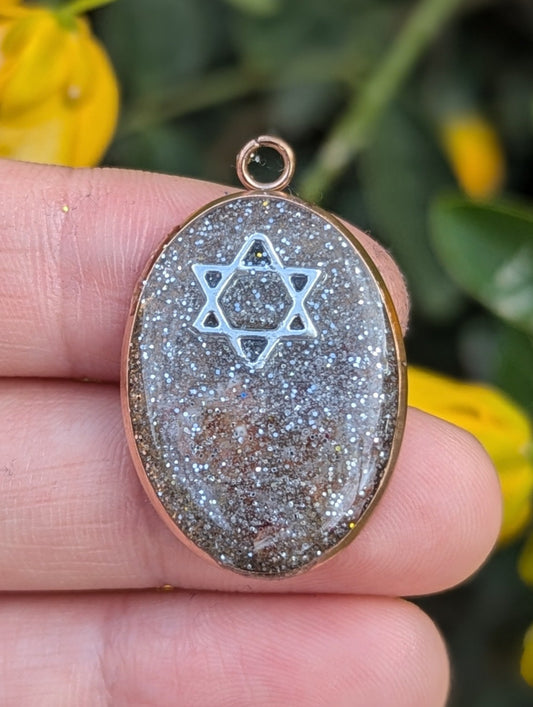 Raz: Silver Glitter, Rose Golden Frame, Israeli Tiny Embedded Flowers in Resin Oval Pendant