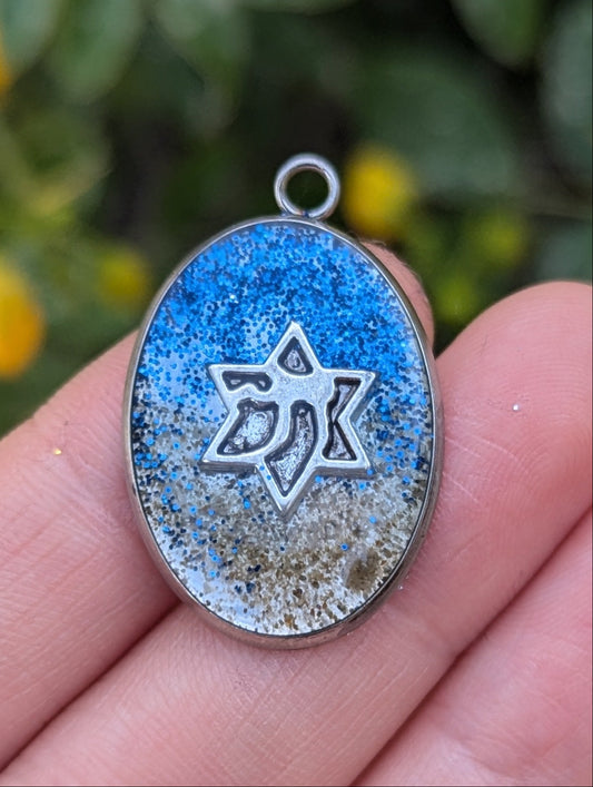 Hofit (beach): Israeli Sand, Chai Magen David and Blue Glitter Resin Pendant