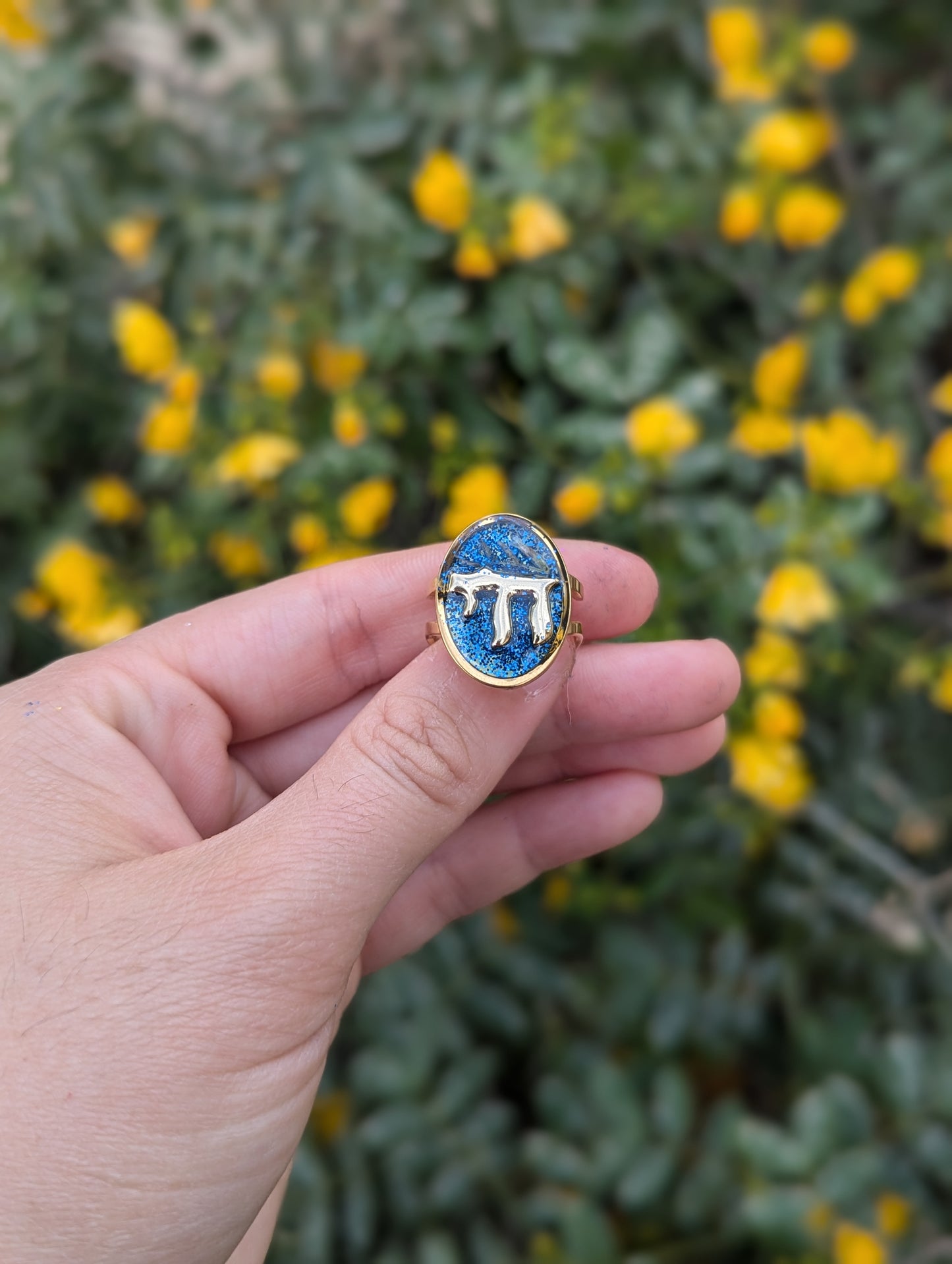 Gold Chai, Israeli Flowers and Blue Shine Gold Plated Adjustable Stainless Steel Ring